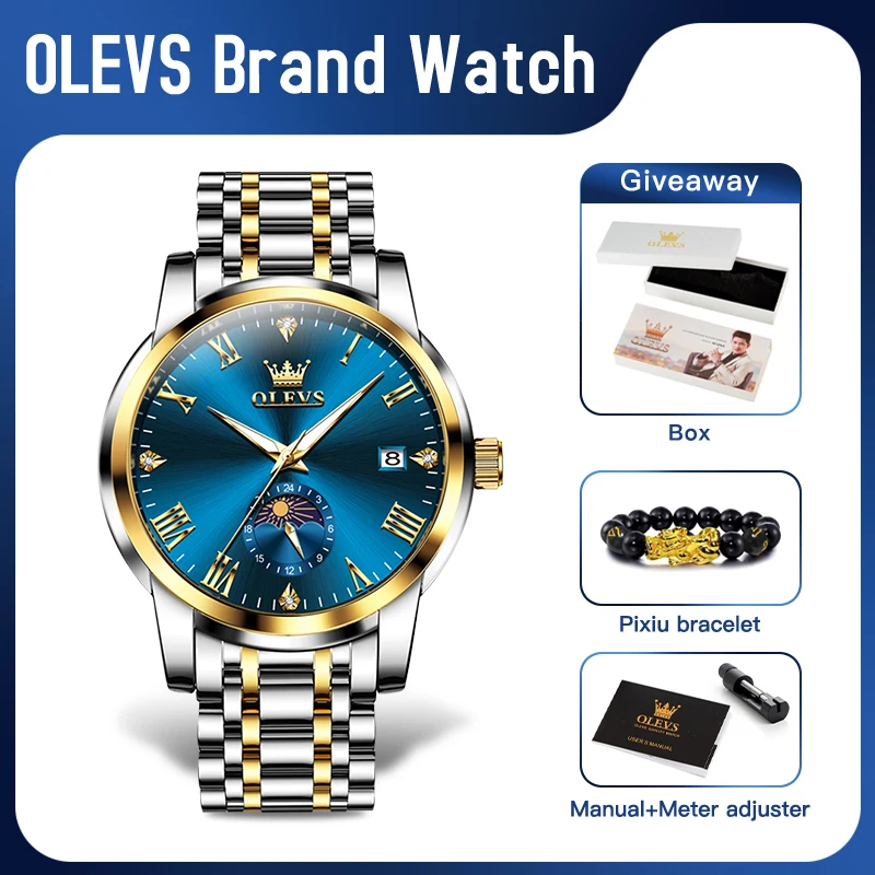 

OLEVS 3656 New Mens Watch Original Band Moon phase Watch Chronograph Big Dial Watches For Man Automatic Date Mens Gifts Reloj