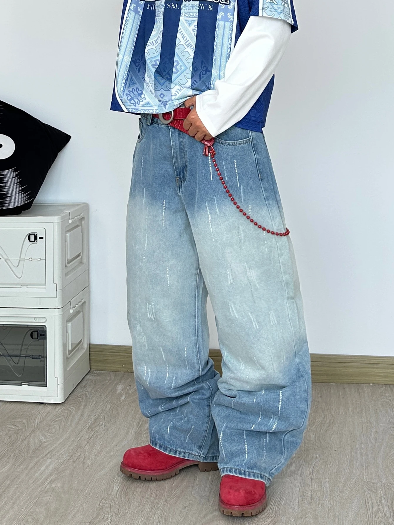 Men's Minimalist Y2K Wide-Leg Jeans, Retro Washed Distressed Baggy Loose-Fitting Trousers With Rhinestone Embellishments For Men