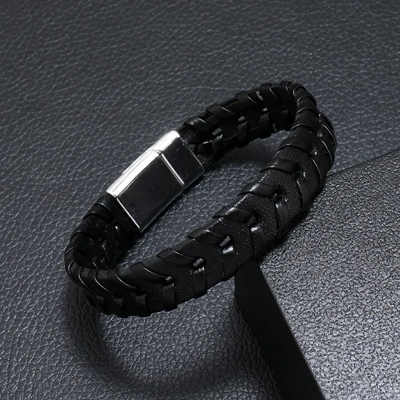 2023 Fashion Braided Rope Woven Multilayer Leather Men Bracelets Punk Stainless-Steel Bangle for Friend Charm Jewelry Gifts