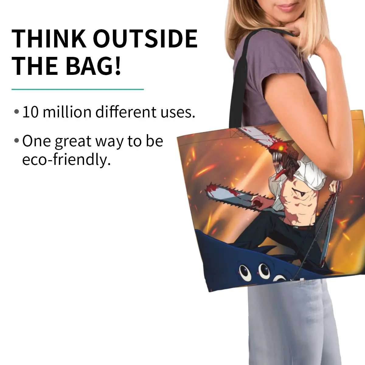 Shark And Denji Chainsaw Man Anime Shopping Tote Bag Canvas Large Capacity Shoulder Bags Shopper Grocery Handbag for Women