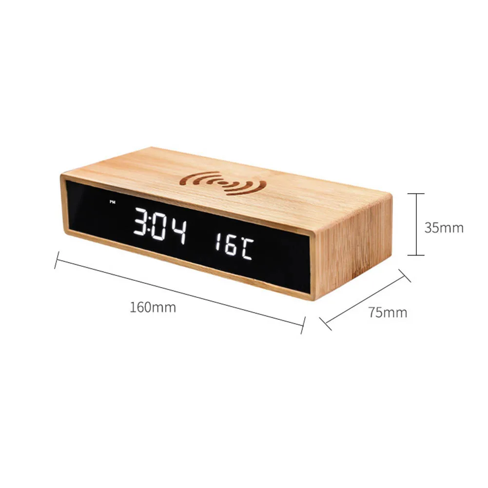 Stylish Wooden Finish Alarm Clock with Integrated Wireless Charging Pad LED Display for Date Time Voice Activated Functions