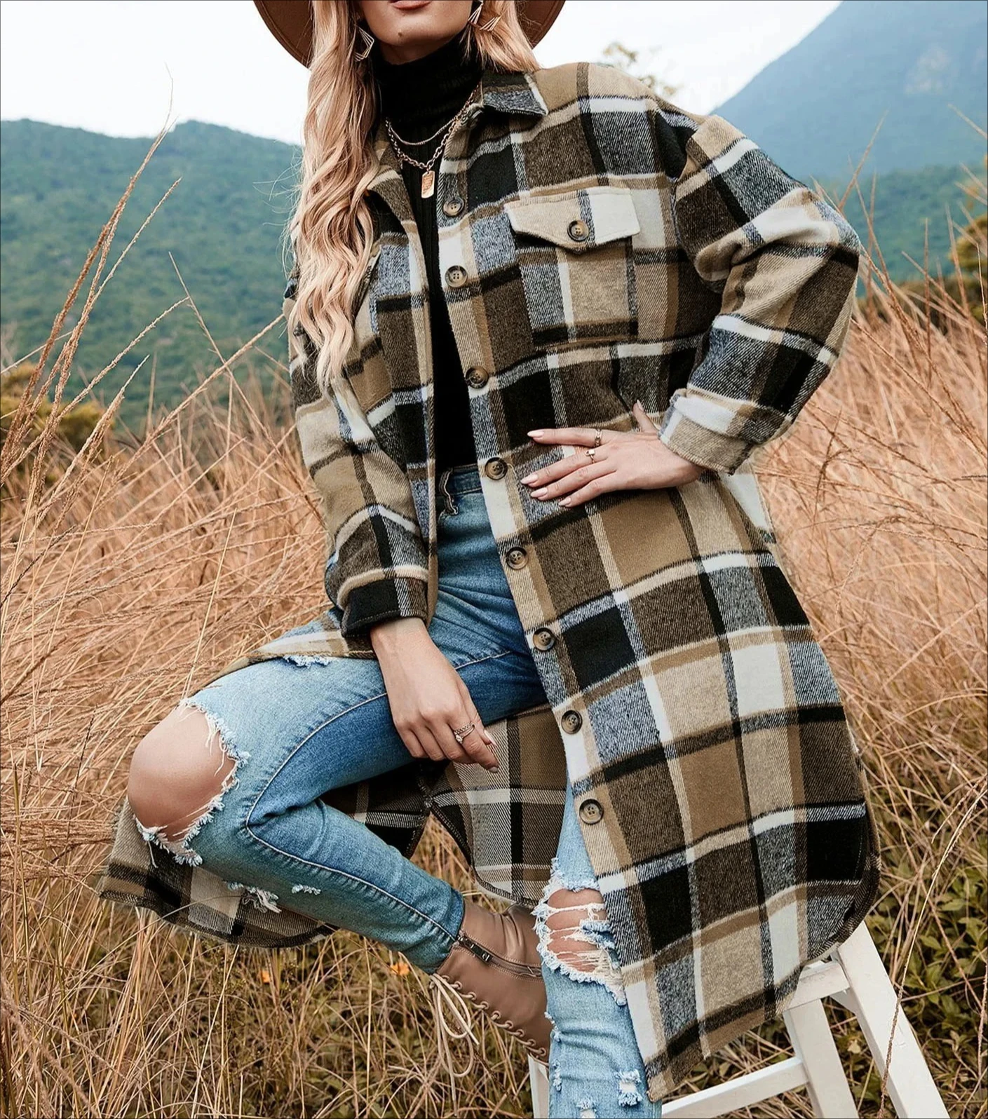 معطف قميص نسائي منقوش بأزرار أمامية وأكتاف منسدلة، كاجوال بأكمام طويلة وياقة وجيب قلاب، ملابس خارجية للخريف والشتاء