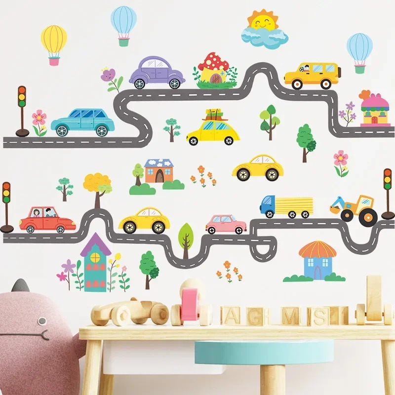 Cartoon road car Hot Air balloon house trees children\'s room background decorative wall stickers self-adhesive home accessories