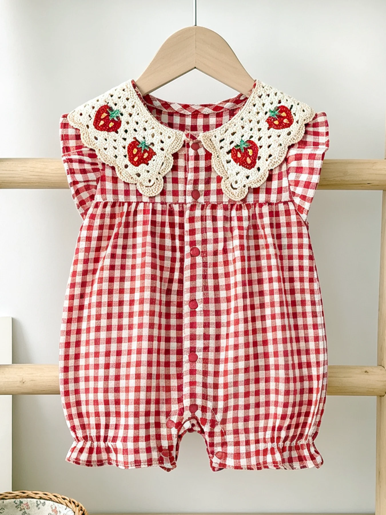 Baby Girl Sleeveless Romper: Crocheted Strawberry Red and White Checkered Cute Baby Girl One-Piece for Everyday Summer Wear
