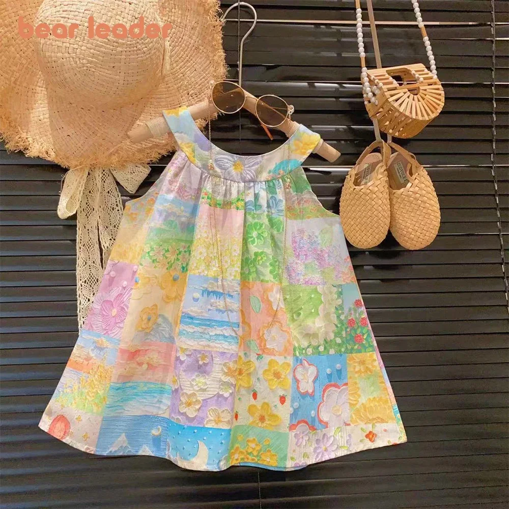 Bear Leader Girls' Set 2023 Summer New Casual Dress Girls' Flower Oil Painting Print Sleeveless Princess Dress Girls' Cute Dress