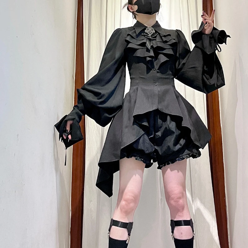 

Women Lace Bandage Flare Sleeve Vintage Ruffle JK Shirts Y2k Aesthetic Solid Tops Blusas Japanese Kawaii Lolita Irregular Blouse