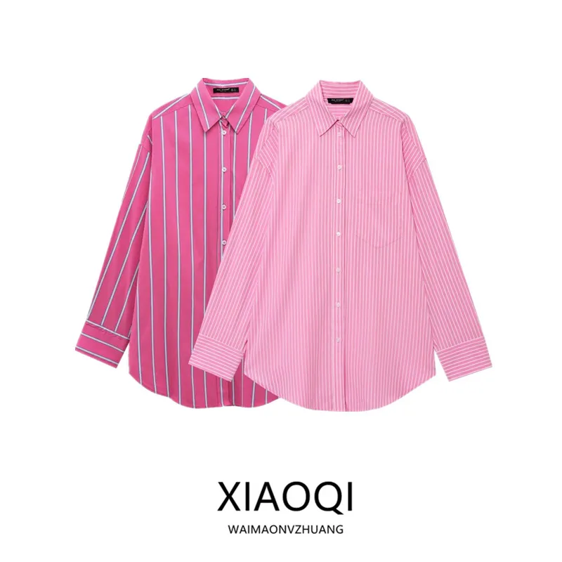 

Spring 2025 Women's Loose Striped Long Sve Commuter irt Versatile Design Casual Faion 00% Other Material