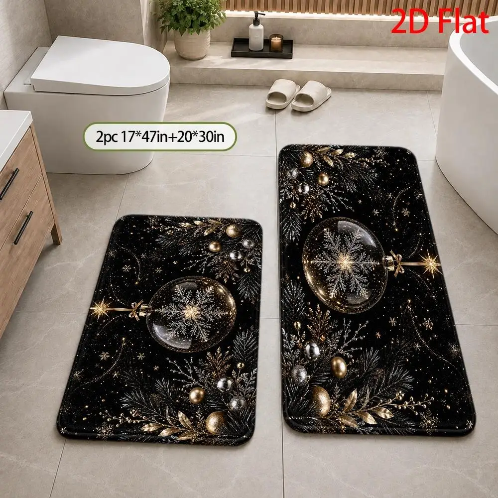 Luxury Black Snowflake Christmas Bath Rug Mat Bathroom Floor Decor Holiday Snowfall Winter Entry Runner Mat for Home