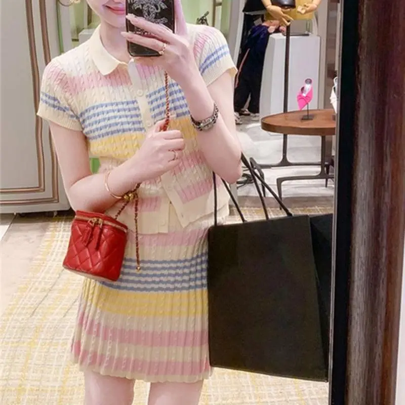 Lapel ice cream contrasting color sweet suit skirt women's  striped knitted cardigan high waist skirt two-piece set