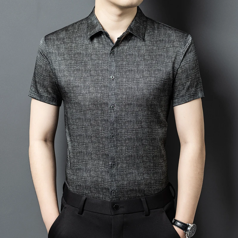 Coolness Breathable Silk Blends Shirts For Men Short Sleeve Lapel Summer Quality Smooth Comfortable Casual Premium Chemise Homme