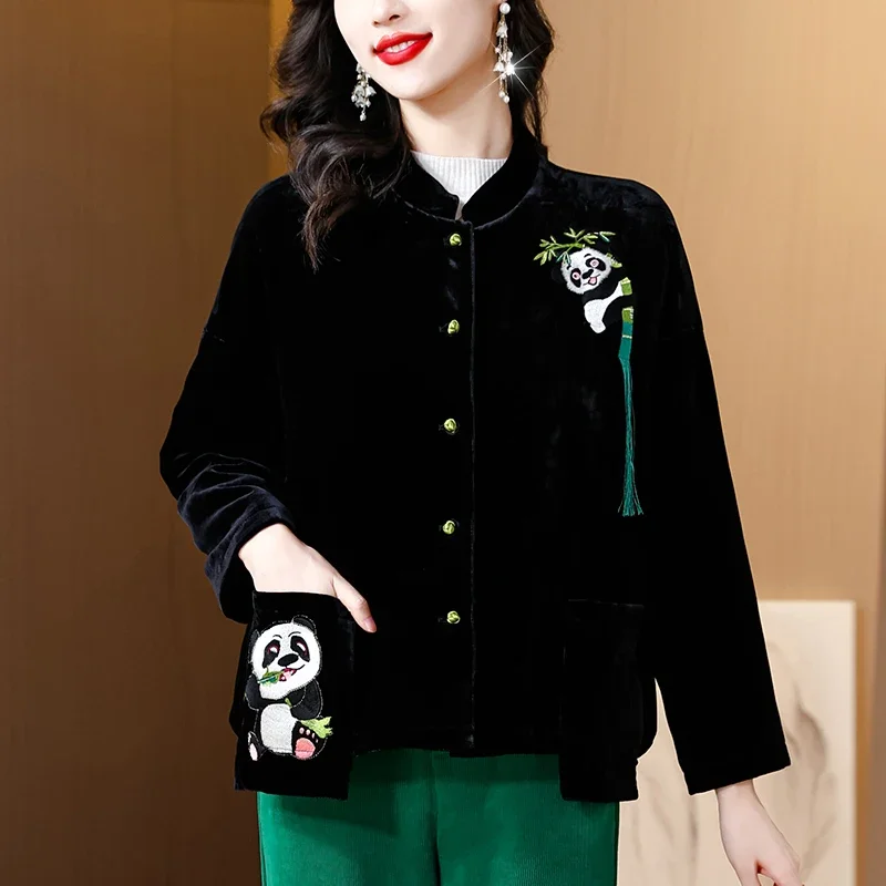 Winter Women Black Velvet Thick Warm Coat Autumn Luxury Embroidery Panda Vintage Cardigan 2024 Elegant Bodycon Top Jackets