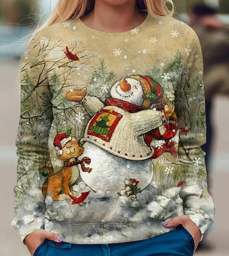 2024 sweatshirt cotton round neck casual Harajuku hip-hop trend fit suitable for women, Christmas pattern sweatshirt big snowman