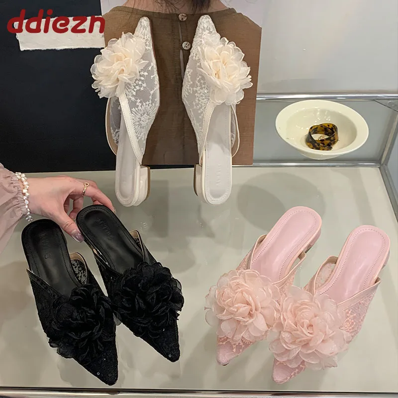 

Fashion Pointed Toe Ladies Flats Slippers Mules Shoes New In Spring Summer Flower Women Flats Slippers Female Slides Sandals