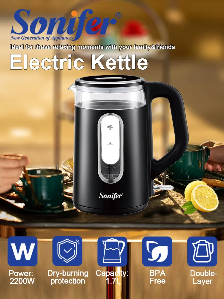 Sonifer SF-2152 1.7L Double Wall Electric Kettle 2200W Borosilicate Glass Auto Shut-Off Cool Touch Dry Boil Protection