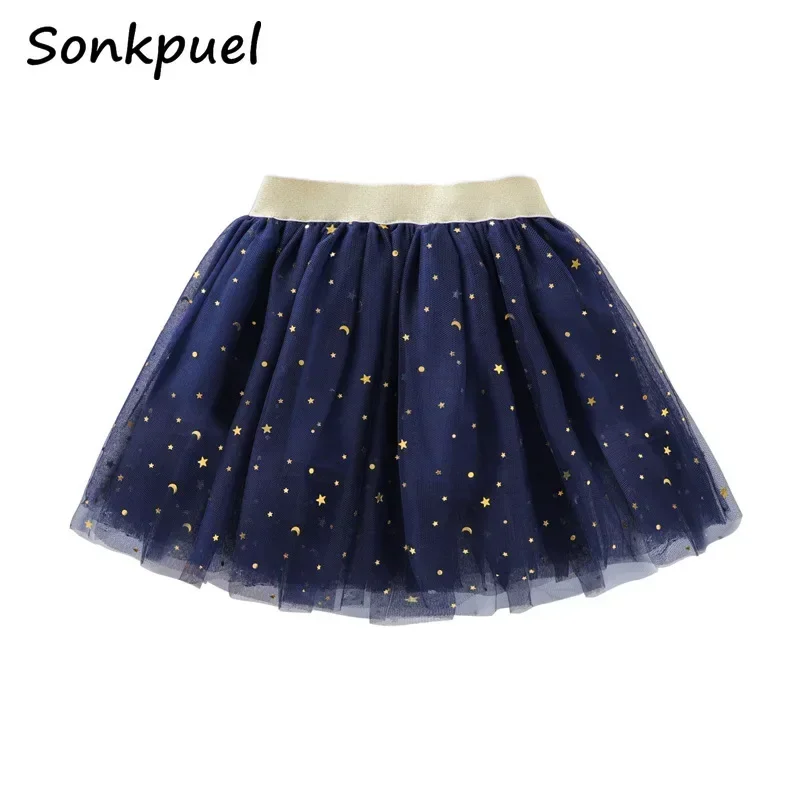 Summer Girls Tutu Skirts Kids Elastic Waist Pettiskirt Girl Princess Tulle Skirt Stars Printed Mini Skirts Children Clothing