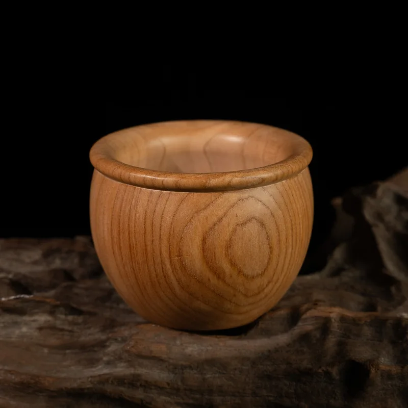 Peach Wood Treasure Bowl Round-Bellied Cup, Handmade Feng Shui Wealth Decor, Wooden Tumbler Ornament for Desk & Shelf