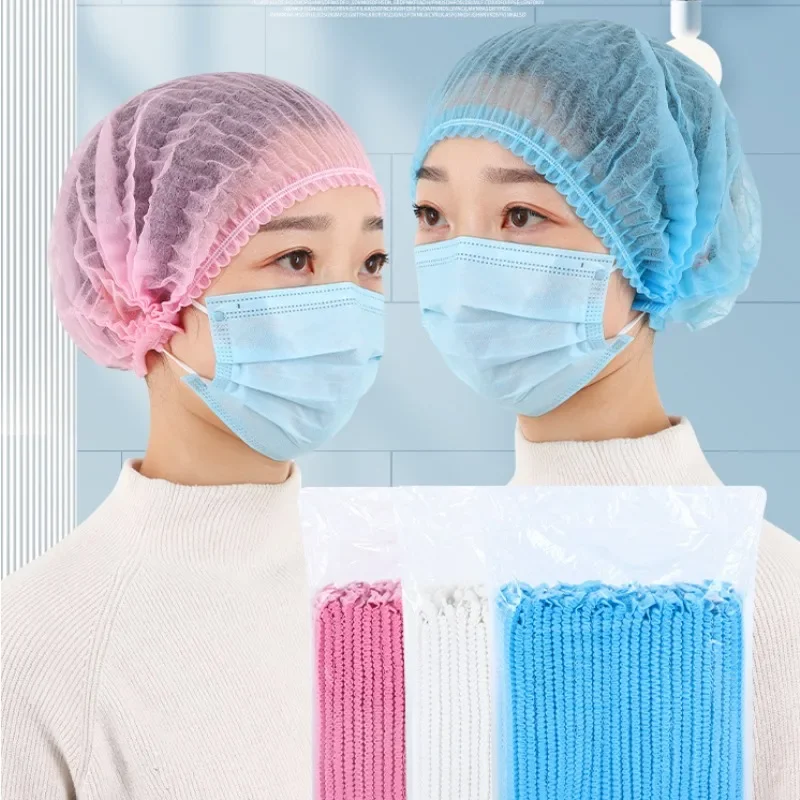 100pcs Disposable Non-Woven Strip Hat Hotel Workshop Dust Cap Blue White Shower Cap for Spa Hair Salon Beauty Accessories