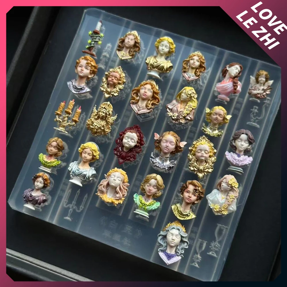 

1Pc Vintage European Style Baroque Statue Series Nail Silicone Mold Classical Castle Candlestick Angel Frame Nail Mold Decora