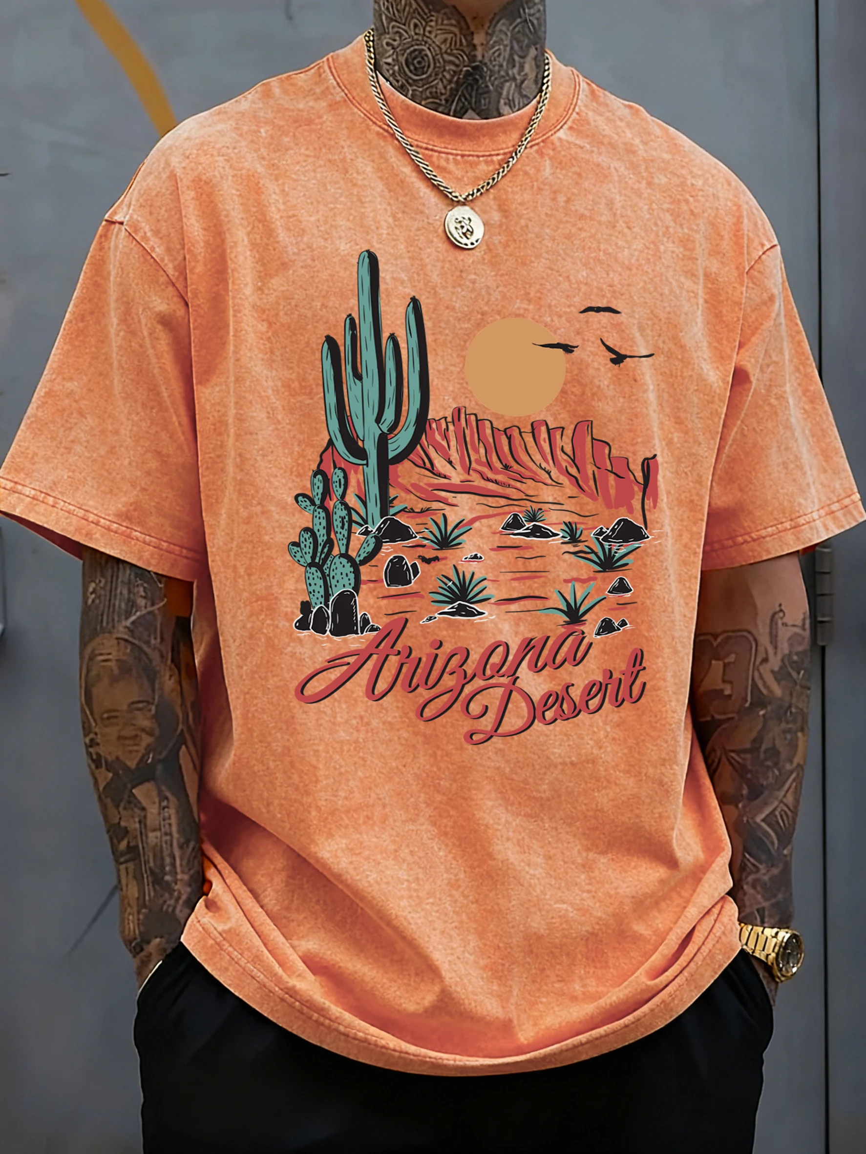 أريزونا الصحراء الصبار الجبل تصميم الرجال غسلها تي شيرت الهيب هوب لينة قصيرة الأكمام كل مباراة القطن تي شيرت فضفاض Crewneck