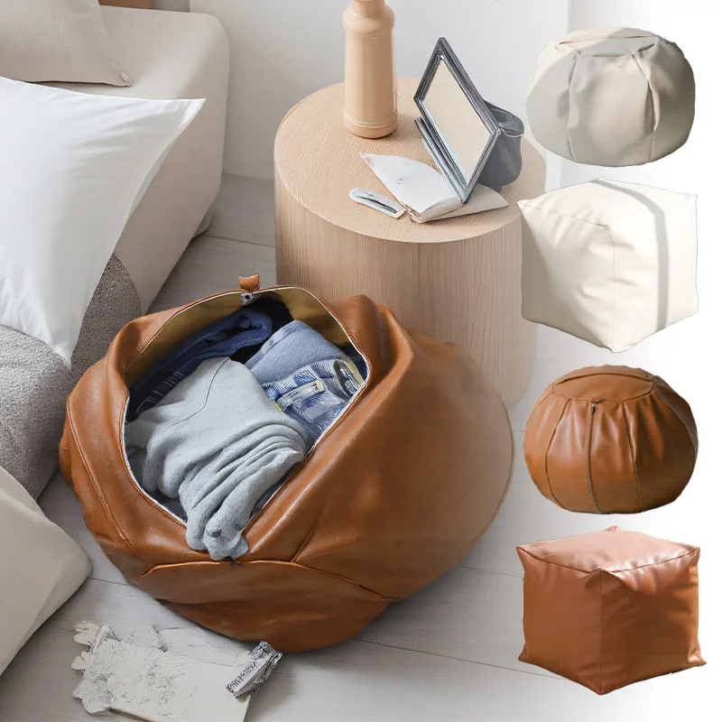 Pumpkin shape Moroccan Artificial PU Leather Pouf Cover Unstuffed Meditation Tatami Ottoman Footstool Living Room Cushion Cover