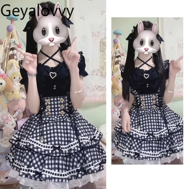 

Sweet Cute Girls Versatile Short Sleeves Shoulder Top and College Style Plaid Strap Short Skirt Tutu Skirts Two-piece Set