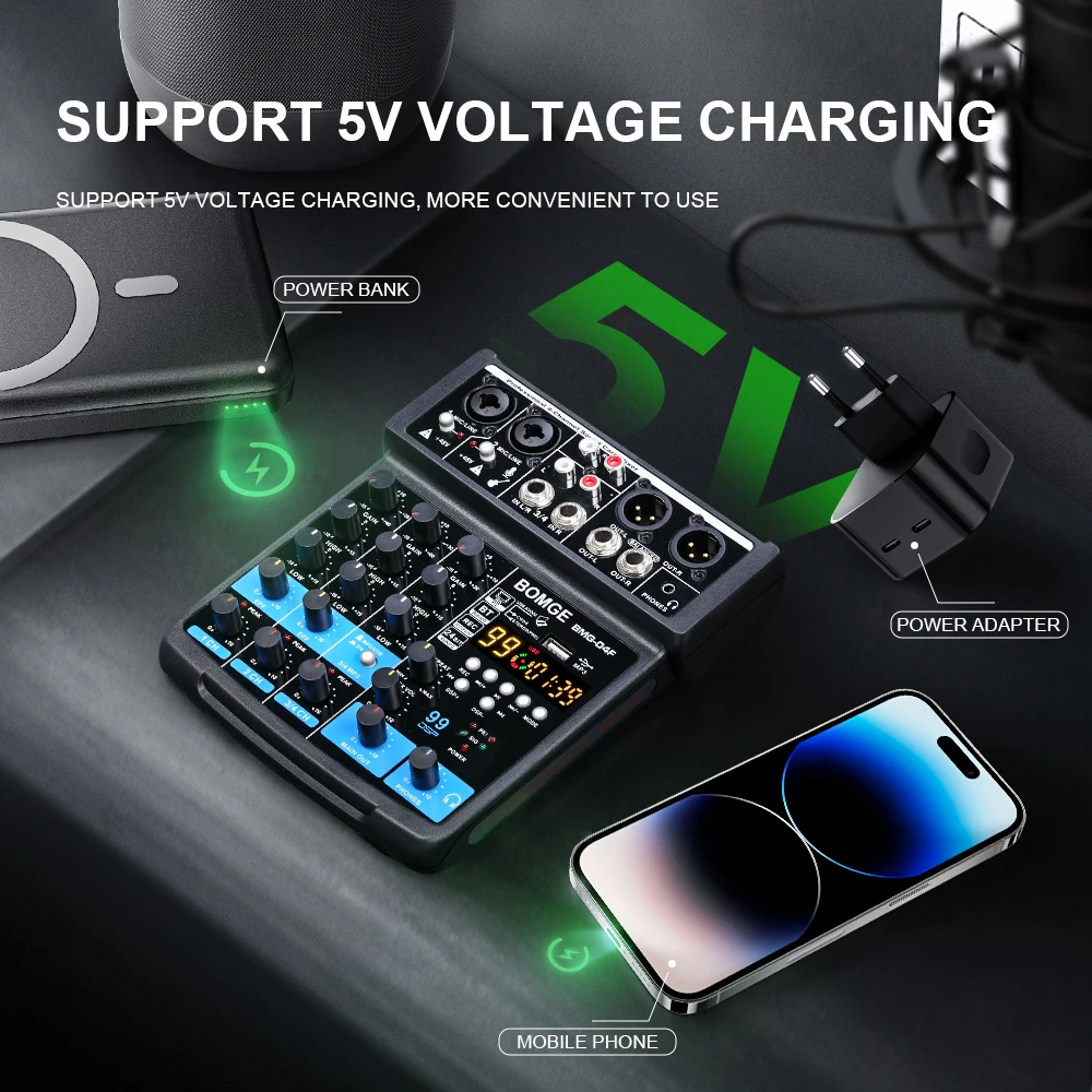 BOMGE 04F المحمولة 4 قناة 99 DSP DJ تسجيل الصوت جهاز مزج الصوت واجهة خلط وحدة التحكم كاريوكي مع MP3 USB 48 فولت بلوتوث