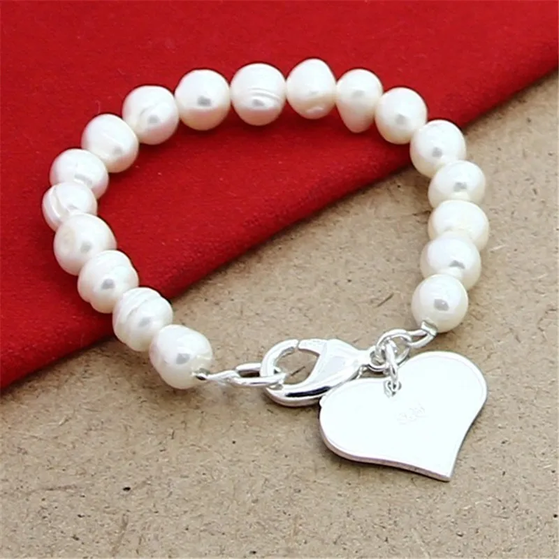 

Natural White 8mm Pearl 925 Sterling Silver Heart Pendant Bracelet For Woman Charm Wedding Engagement Fashion Party Jewelry Gift
