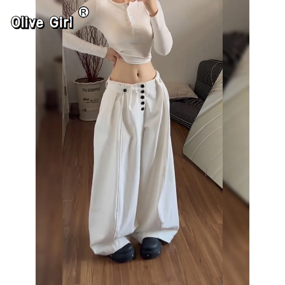 بنطلون Olivegirl الأمريكي من القطن مقاس كبير فضفاض وكسول واسع الساق بنطلون Hotsweet Girl المتخصص متعدد الاستخدامات مطوي على الأرض