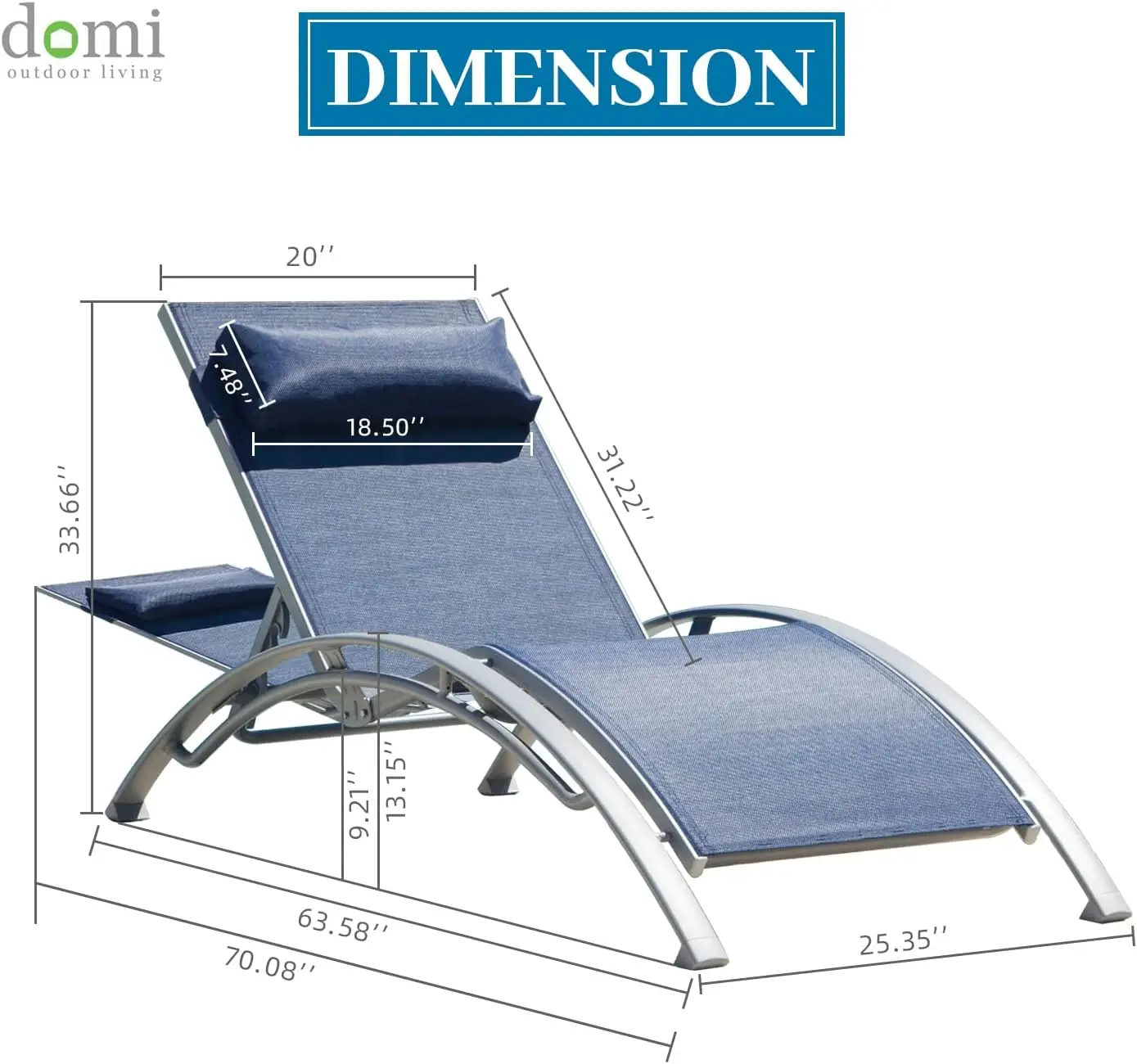 Aluminum Lounge Chair for Outside 5 Adjustable Positions Chaise Outdoor for Pool Garden Beach Camping Backyard (Blue) Set of 2