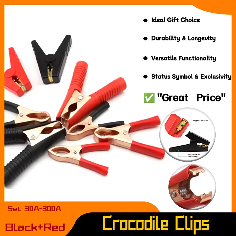 

1-5Pairs Black+Red Set 30A~300A Copper Crocodile Clips for Car Caravan Van Batteries Test Lead Plug Power Connector Battery Clip