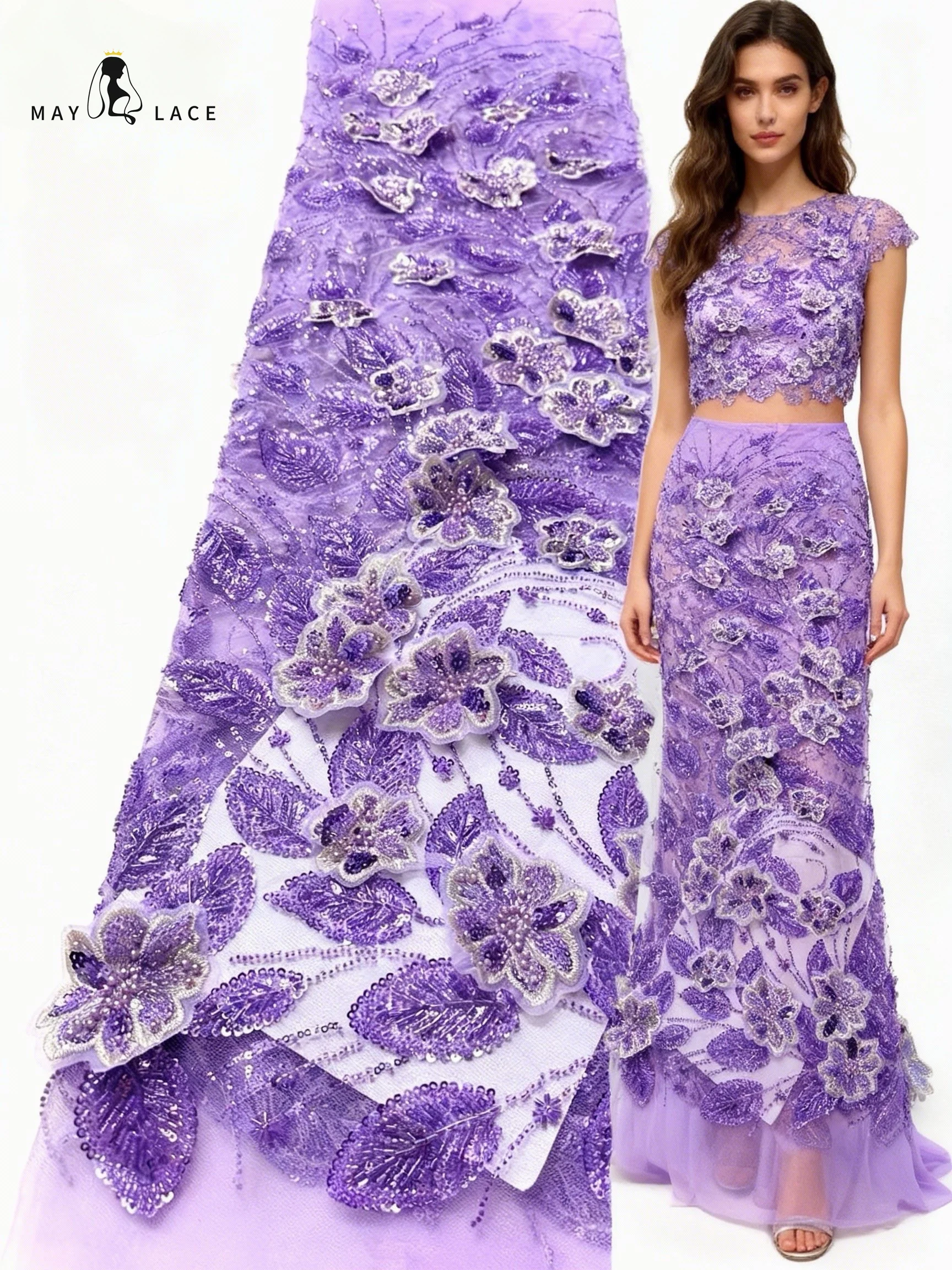 

3D Flowers French Lace Fabric With Handmade Beads 2025 High Quality Sequins Beaded African Tulle Net Lace Fabric Nigerian Dress