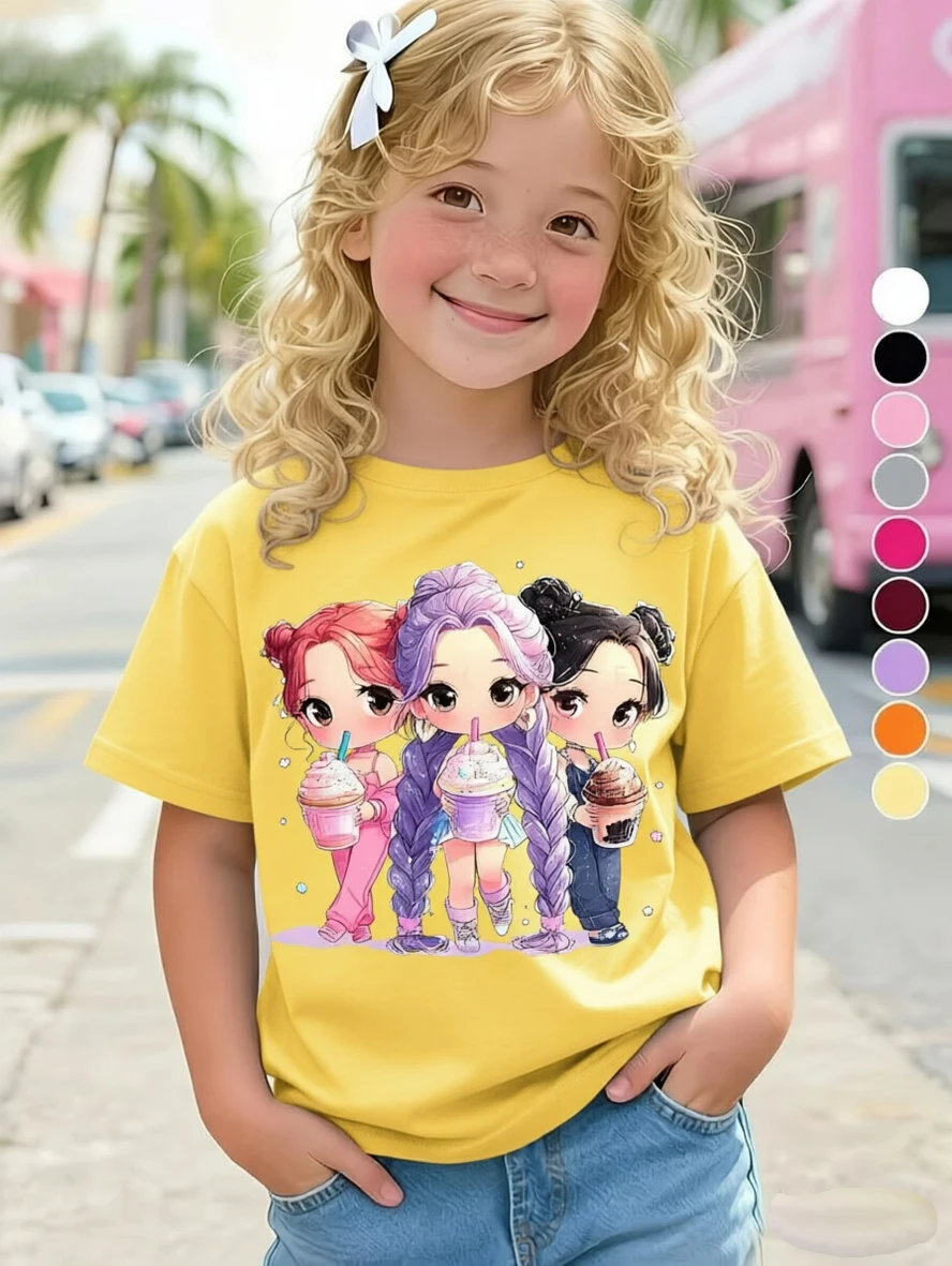2026 New Summer Kpop Popular Cartoon Print Children's Design Casual Style Round Neck Short Sleeved Top Fans Gifts Kids Clothes