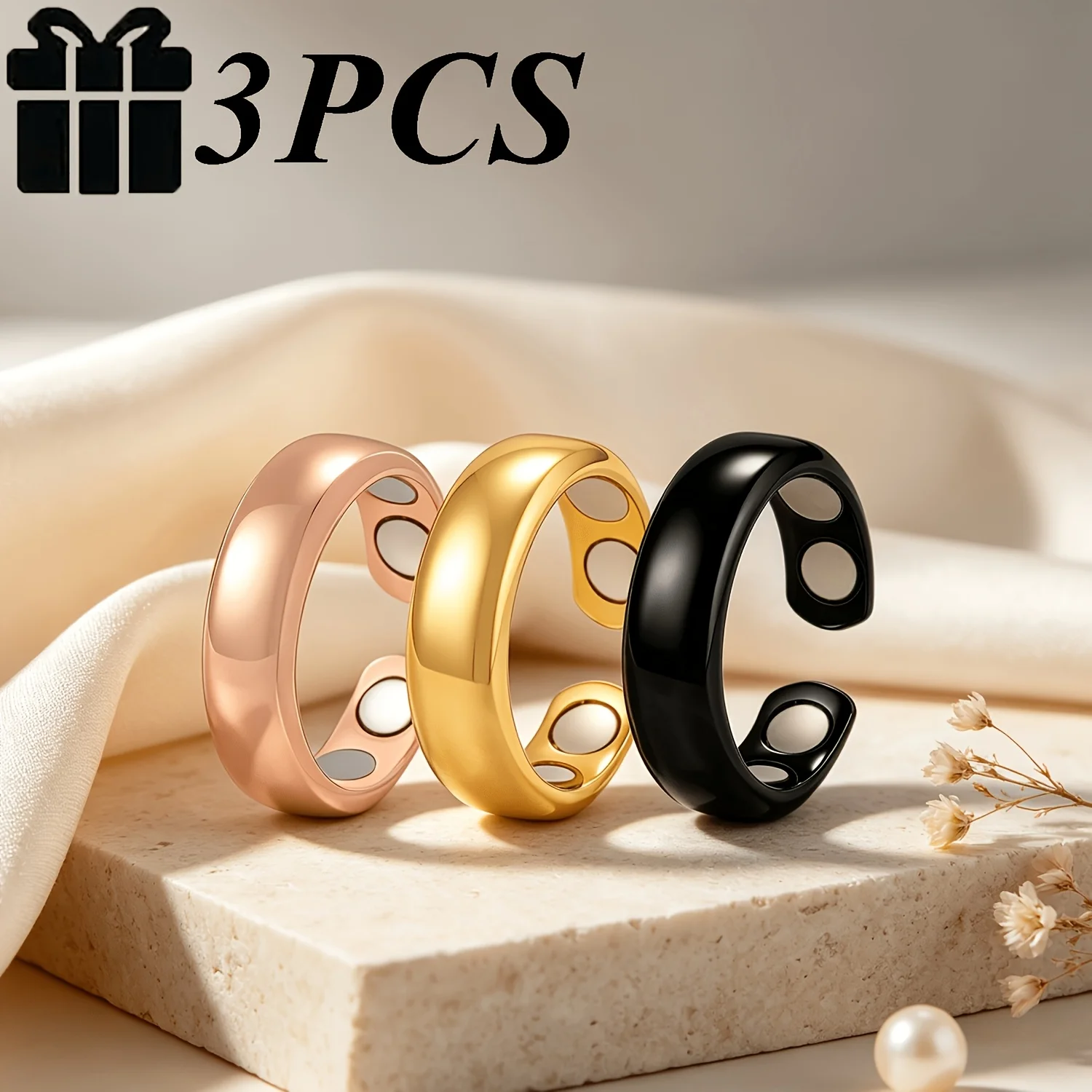 3pcs Set of Smooth Magnetic Open Rings, Adjustable Magnetic Therapy Wide Rings, Unisex Stackable Jewelry Gift