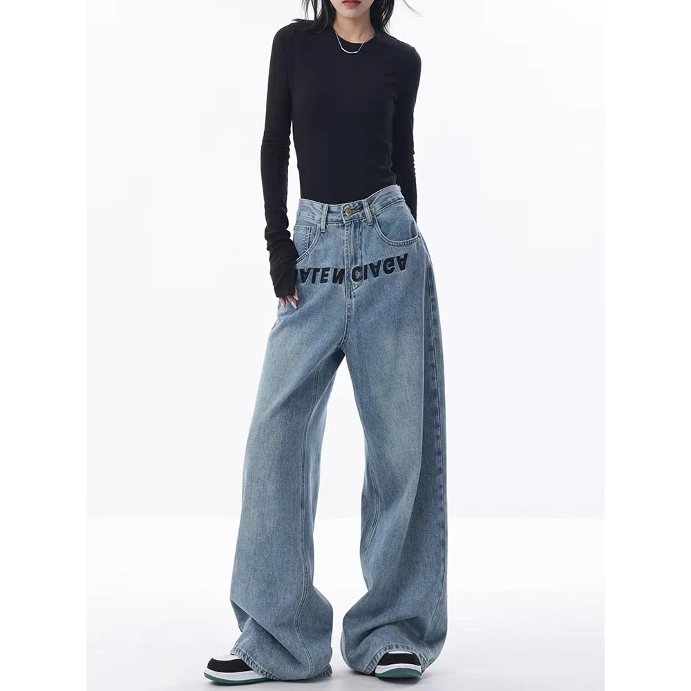Jean ample brodé bleu à jambes larges pour femmes, pantalon de sol décontracté, taille haute, en Denim, printemps Faion