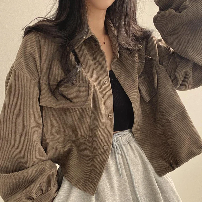 Lucyever-Blusa Retro de pana para mujer, Chaqueta corta con cuello vuelto y bolsillos, Top informal, Otoño, 2023
