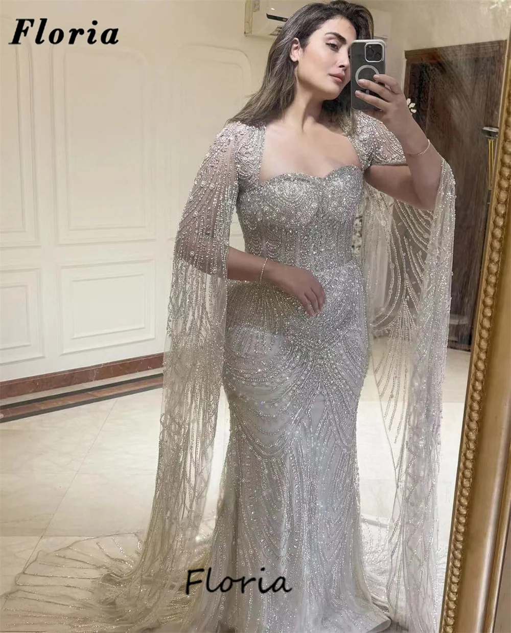 Kaftans Sliver Long Evening Dresses Cape Sleeves Full Beading Sequins Celebrity Prom Dress Vestidos De Noche Dubai Party Gowns