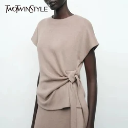 TWOTWINSTYLE Solid Patchwork Lace Up Slimming T Shirt For Women O Neck Short Sleeve Tunic Temperament T Shirt Female Style New