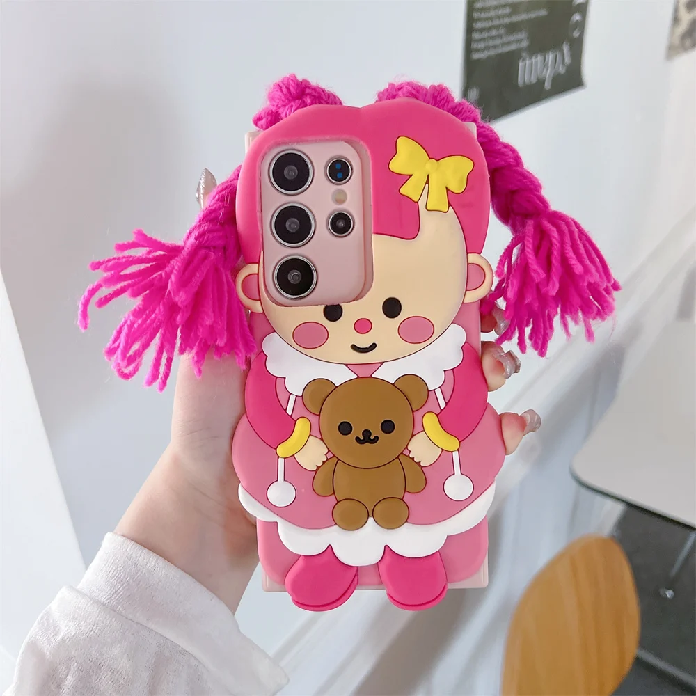 Girly Cute 3D Braided Pigtail Doll Bear Phone Case for S26 Ultra Silicone Sweet Protective Cover for Samsung Galaxy S25 S24 A57