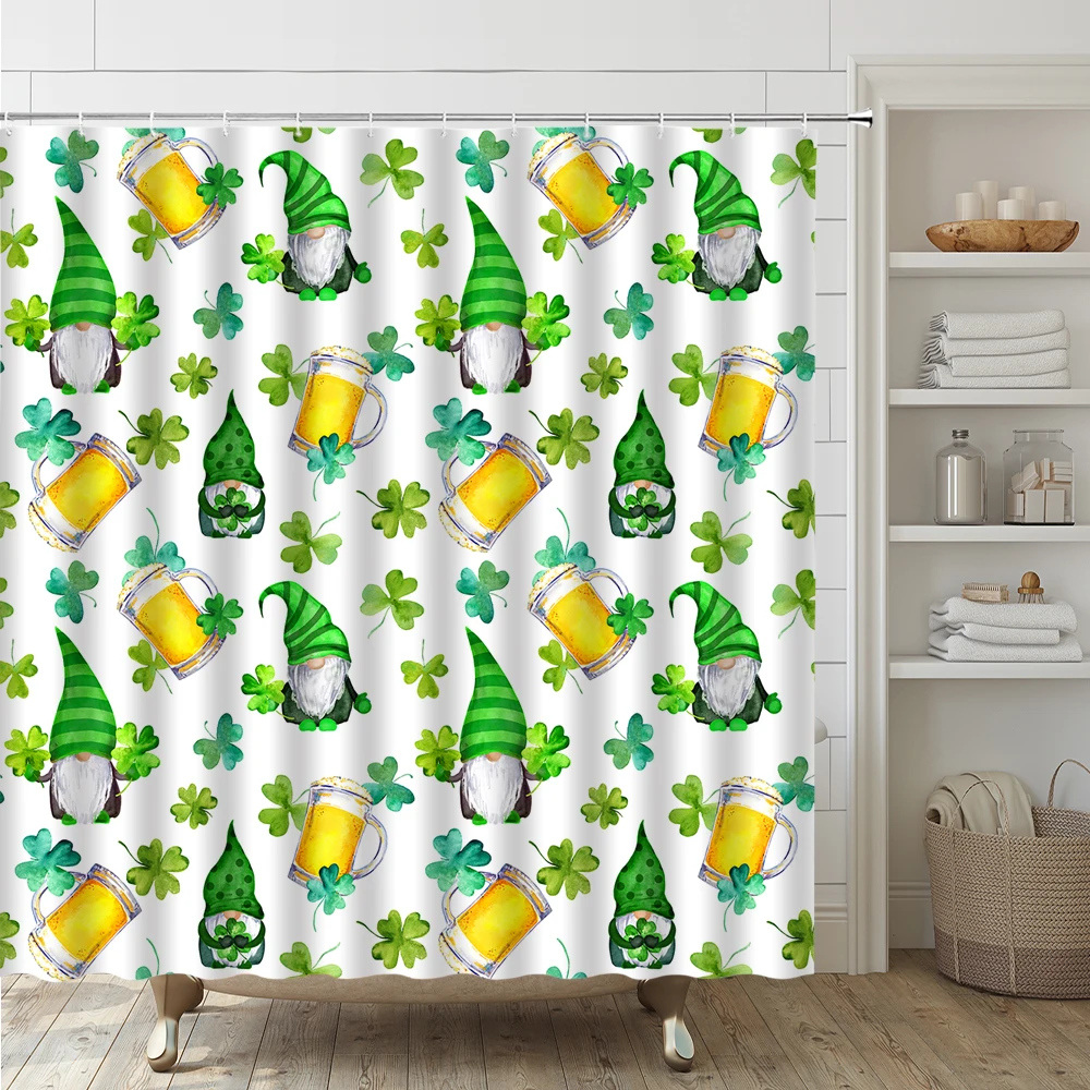 Happy St Patricks Day Bathroom Set Shower Curtain Green Clover Shamrock Leaf Irish Gnome Elf Non-Slip Bath Mat Rug Toilet Cover