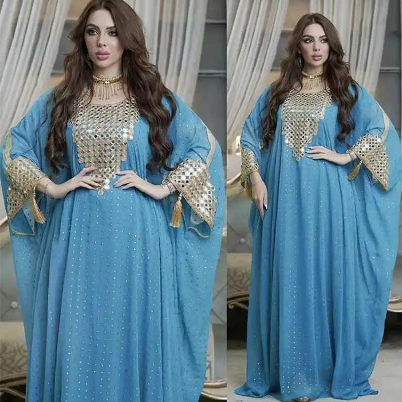 Vestido muçulmano para as mulheres 2022 nova dubai abaya moda ouro lantejoulas chiffon robe 2 peça conjunto africano roupas plus size solto caftan