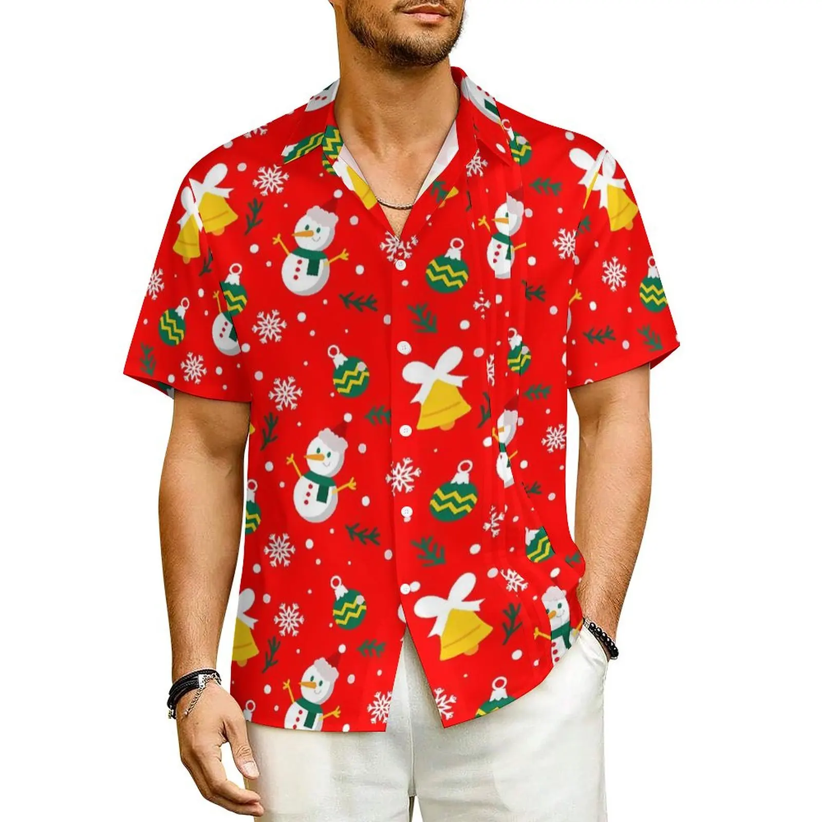 

Christmas Vacation Shirt Men Snowman And Snowflake Elegant Casual Shirts Hawaiian Short Sleeve Y2K Plus Size 4XL Blouses Gift