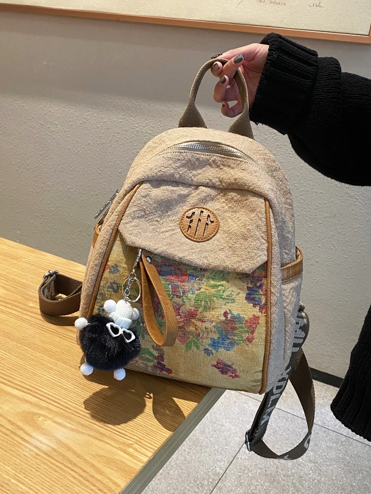 Cotton Linen Backpacks Woman 2025 Flower Casual Lightweight Small Ita Backpack Women's Bag Pack Trend Rucksack