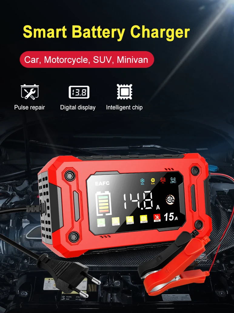 EAFC 12V 15A Auto-acculader met groot scherm, pulsreparatie-oplader voor auto, motor, SUV, lithium, AGM, loodzuur, GEL, LCD-display - afbeelding 2