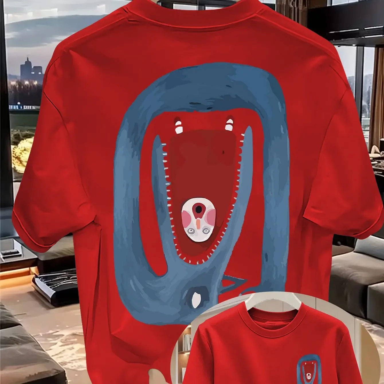 Abstract Great White Shark Monster Cartoon Pattern Men's 100% Cotton Crew Neck Loose Fit Artistic Hip Hop Style T-Shirt