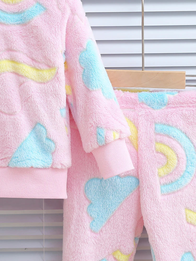 2pcs baby girl autumn and winter night light rainbow love cloud pattern plush thick long sleeved top and pants Chid Accessories