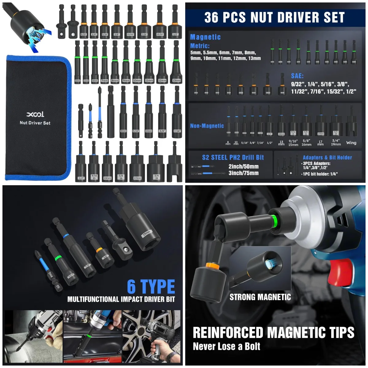 

Набор магнитных отверток для гаек, 36 шт., метрические и SAE, шестигранный хвостовик 1/4 дюйма, набор ударных сверл с сумкой для хранения