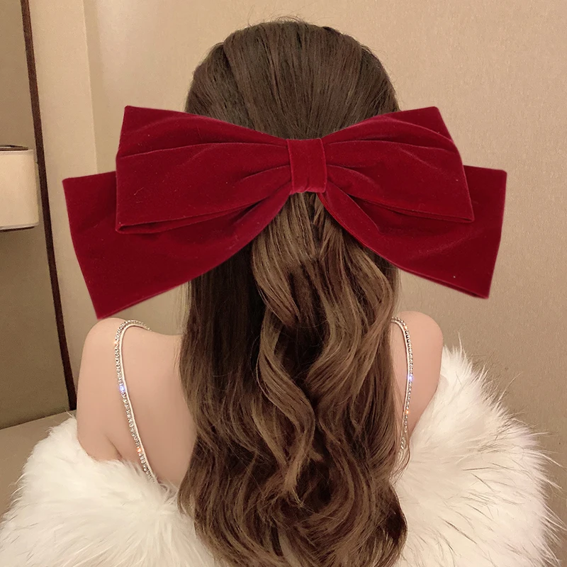 

French romantic oversized velvet bow spring clip for taking photos when traveling to show your face and small back of head clip