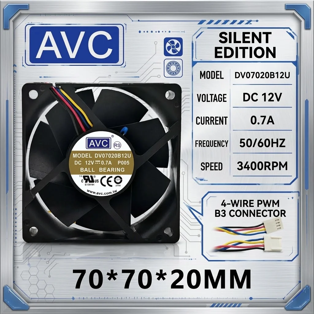For AVC DV07020B12U P005 DC 12V 0.70A 7020 70x70x20mm 3400RPM 4Pin PWM Double Ball Bearing Quiet Server Inverter Chassis Fans