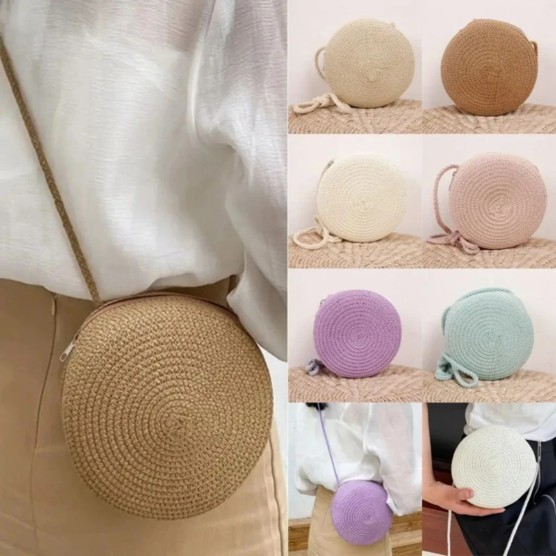 

Fashion Round Pie Bag New Women's Handmade Straw Crossbody Rattan Craft Travel Accessories Simple Design