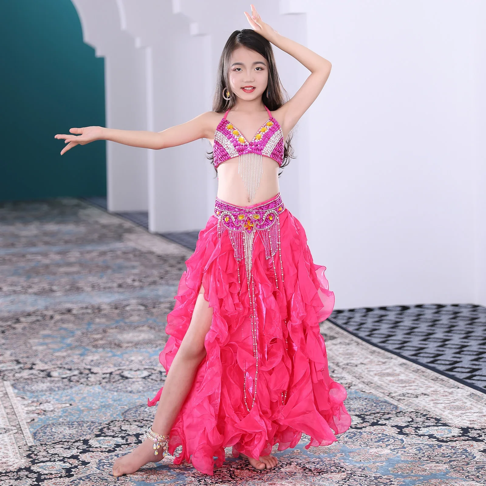 Belly Dance Costume Set Kids Oriental Dance Performance Children Belly Dancing Clothes Girls Outfit Bra Belt Skirt Girls Beaded